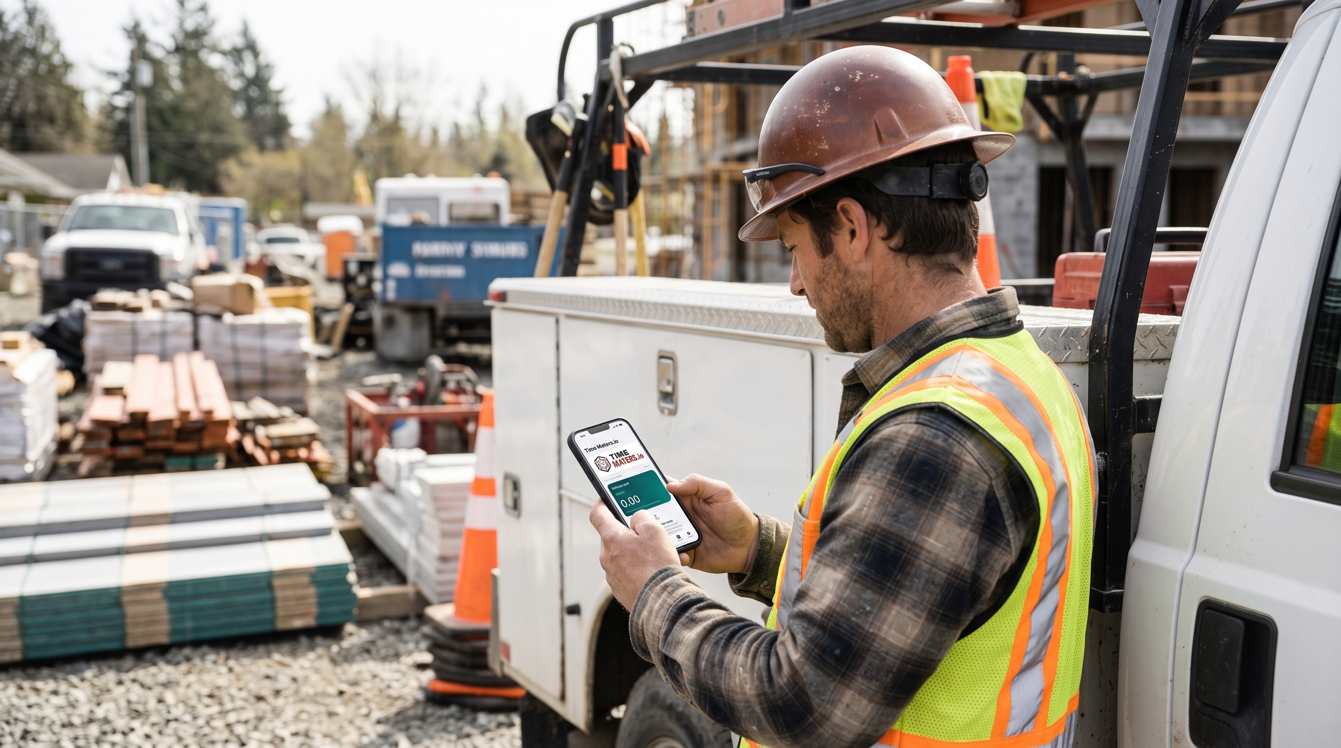 Worker in a hard hat using Time Maters on a phone at a construction site